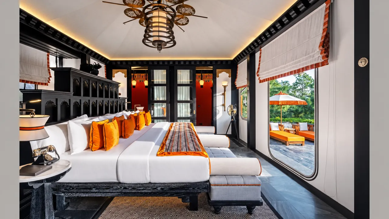 Bedroom in a tented villa at Pemako Punakha, with a dark carved bedframe and a terrace visible through the opening.