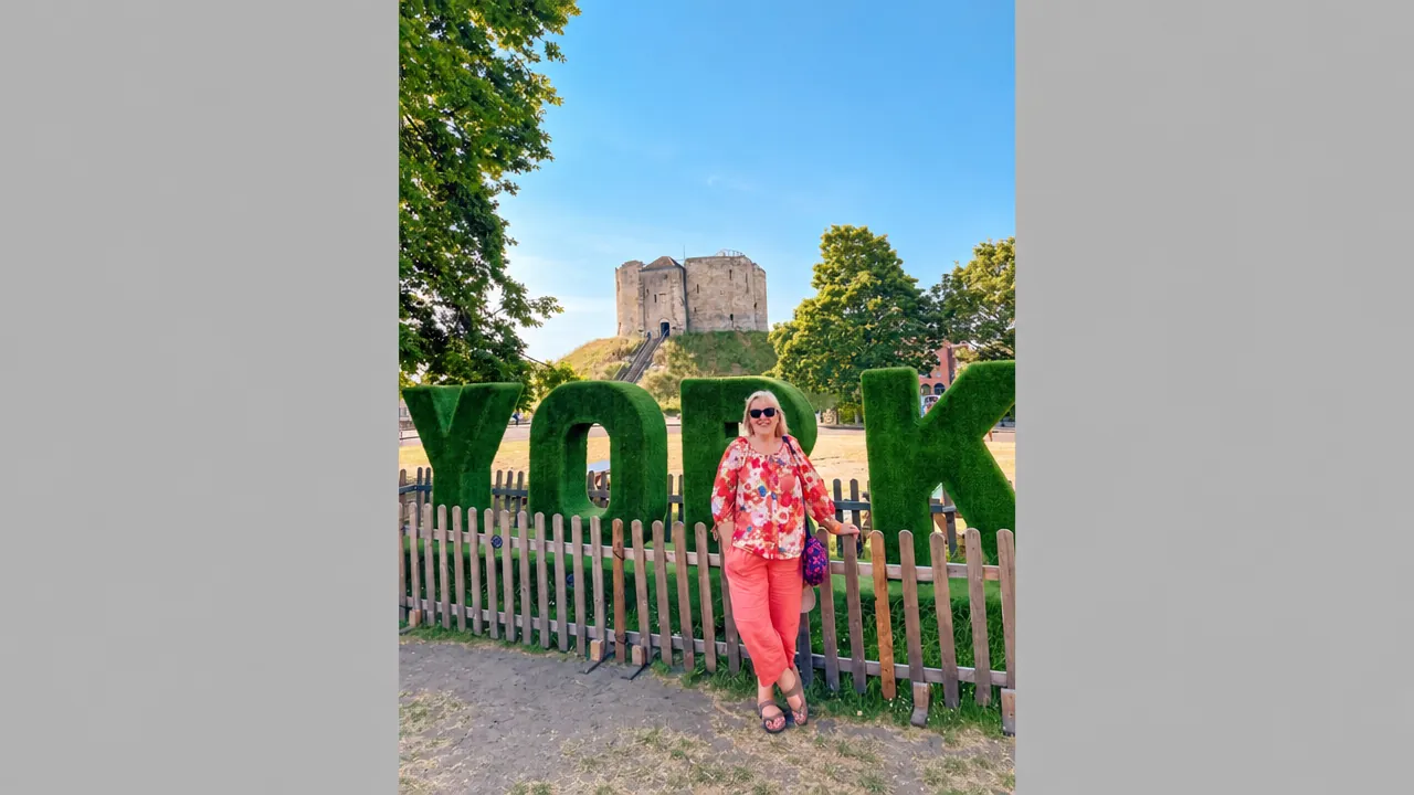 A visitor stands beside YORK topiary letters, with Clifford’s Tower on its mound behind her.