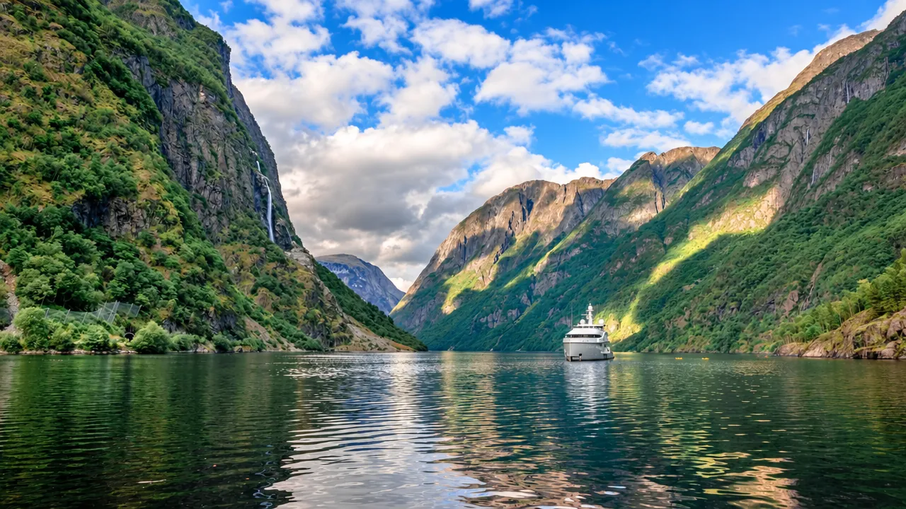 A boat on Aurlandsfjord near Flåm, with steep mountains and a waterfall beside the water.
