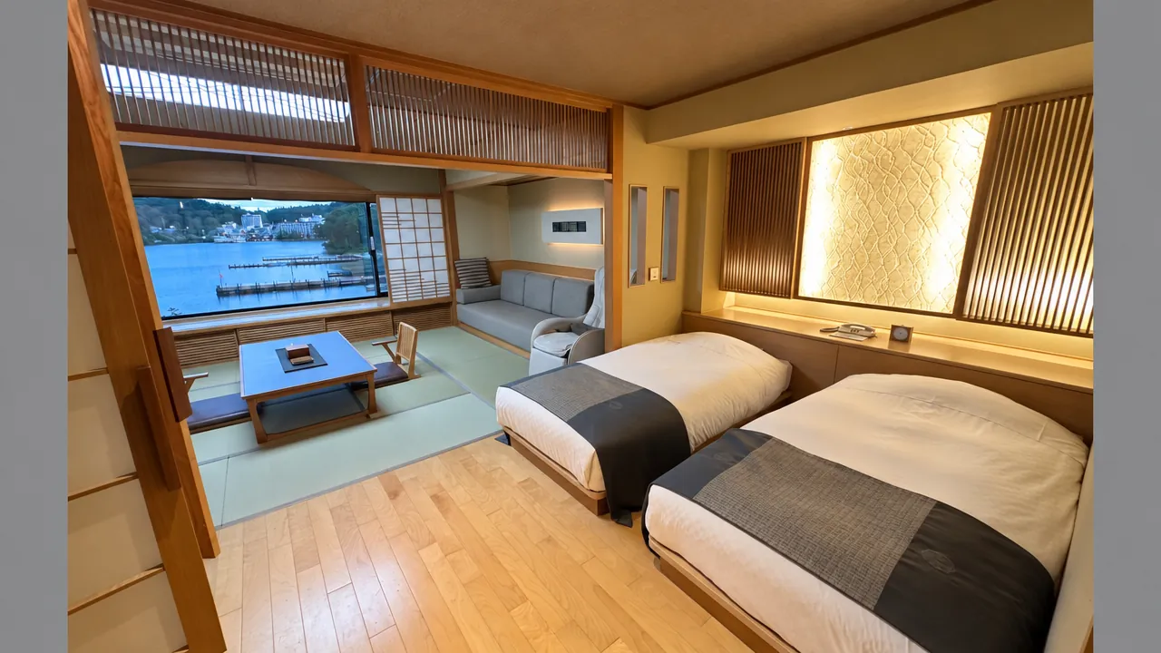 Twin beds and a tatami seating area in a suite at Akan Yuku no Sato Tsuruga, with Lake Akan visible through the window.