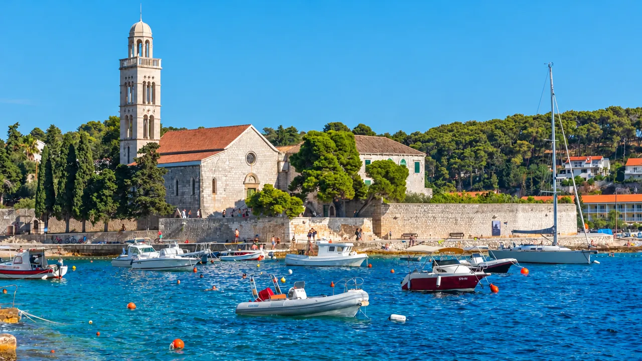 The Franciscan monastery on Hvar’s shoreline, with small boats in the bay.