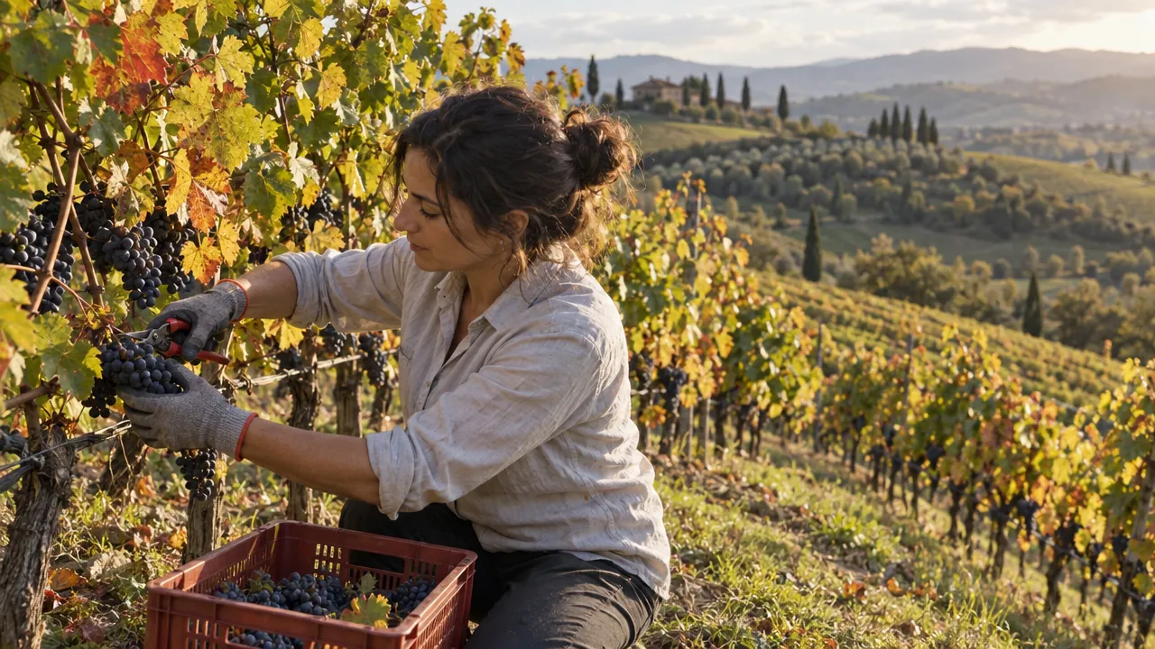 A vineyard worker harvests dark grapes from a vine in the Italian countryside.