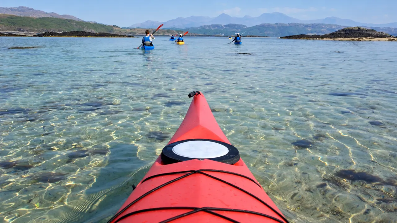 Kayakers paddle across calm water near rocky skerries on the coast near Arisaig.