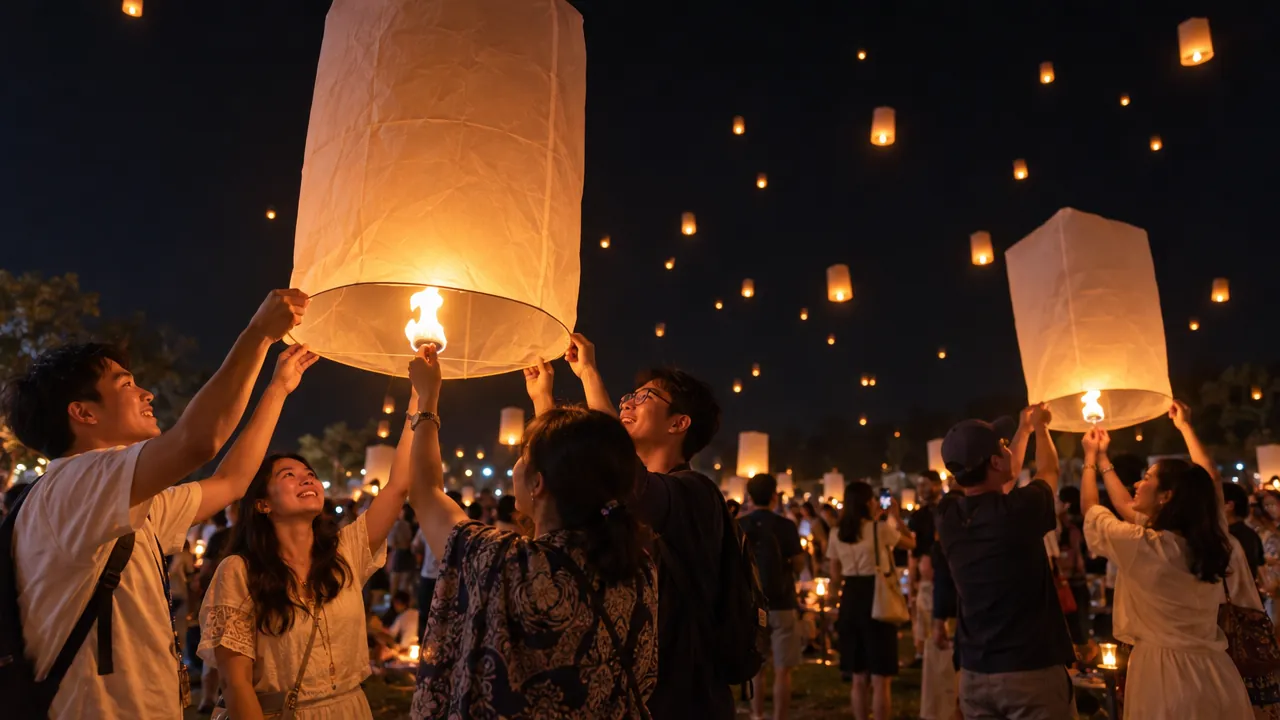 People release glowing sky lanterns at a nighttime Yi Peng gathering in Chiang Mai.