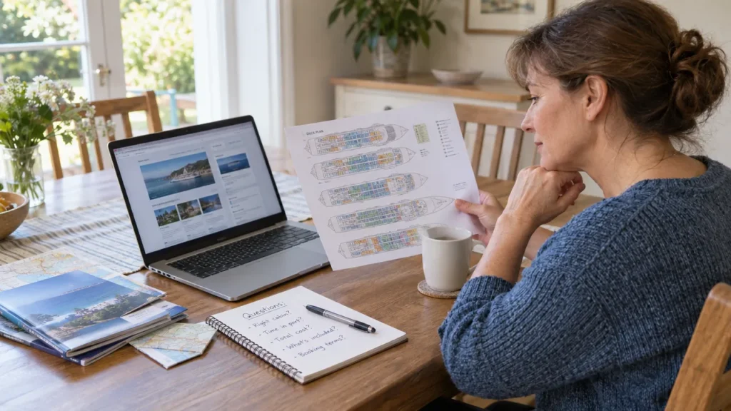 A traveller compares a cruise deck plan with booking notes at a table.