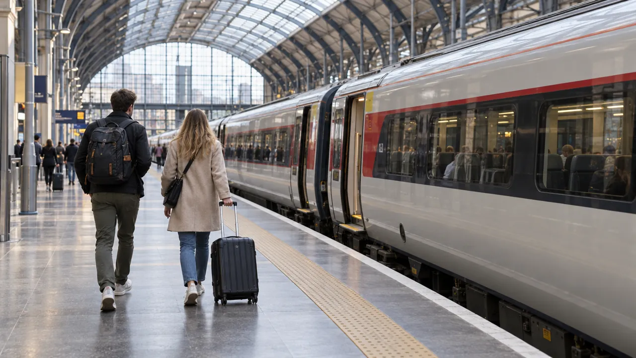 Two travellers with luggage walk towards an intercity train at a covered station platform.