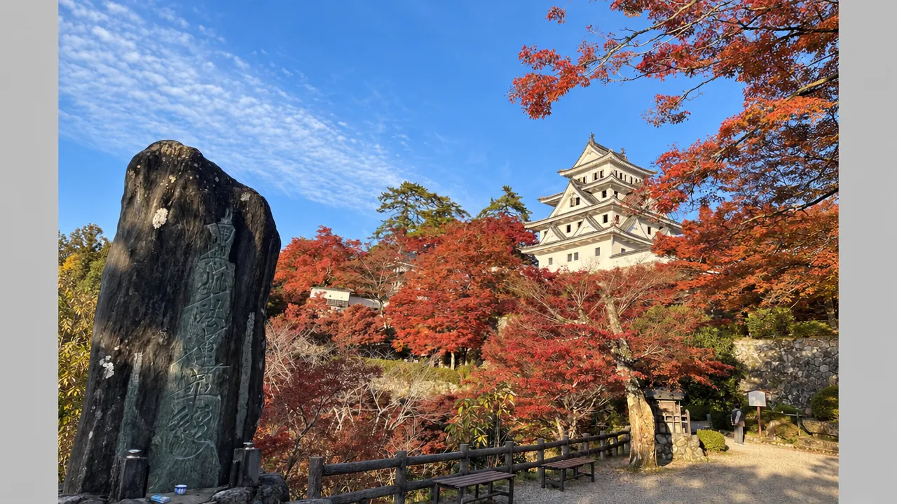 Gujō Hachiman Castle rises above red autumn foliage beside a stone monument in Gifu Prefecture, Japan.