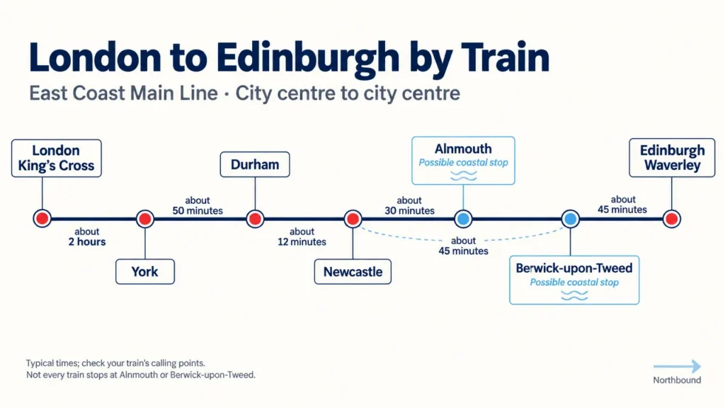 Schematic northbound rail route from London King’s Cross through York, Durham, Newcastle, Alnmouth and Berwick-upon-Tweed to Edinburgh Waverley.