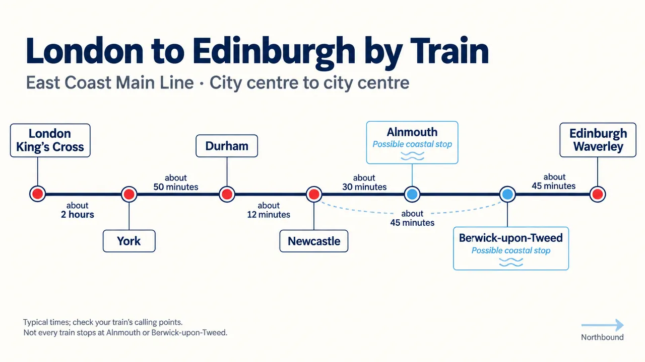 Schematic northbound rail route from London King’s Cross through York, Durham, Newcastle, Alnmouth and Berwick-upon-Tweed to Edinburgh Waverley.
